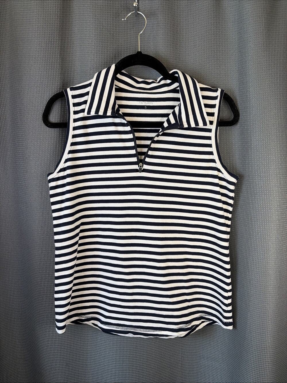 T by Talbots Sleeveless Zip Front Collared Top Navy White Stripe Women’s Small
